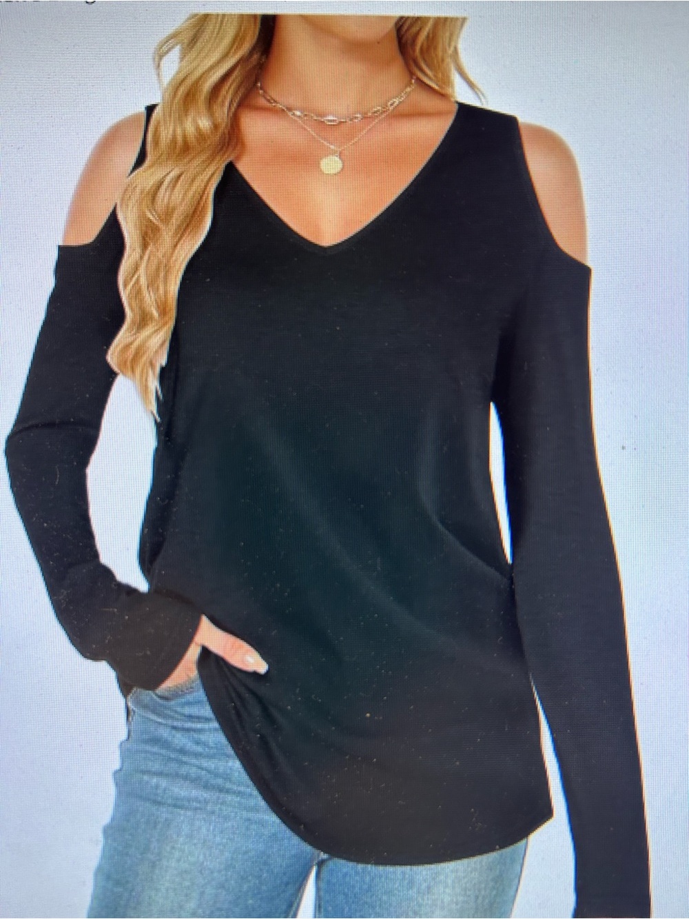 Mitto Shap Cold Shoulder V-Neck Black Long Sleeve Top. Size S